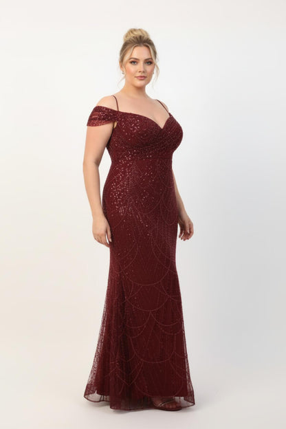Plus - Size Off - Shoulder Beaded Evening Dress — Burgundy