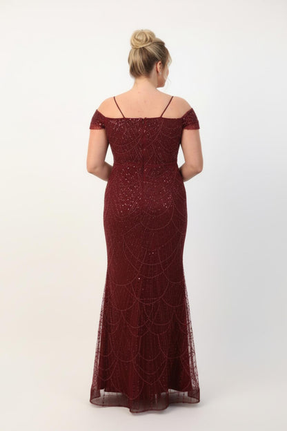 Plus - Size Off - Shoulder Beaded Evening Dress — Burgundy