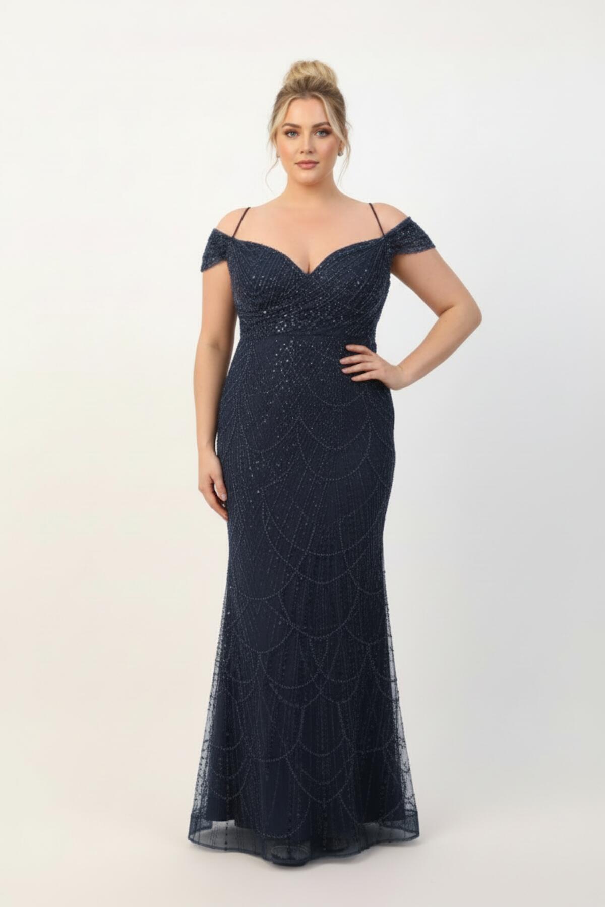 Plus - Size Burgundy Off - The - Shoulder Beaded Gown