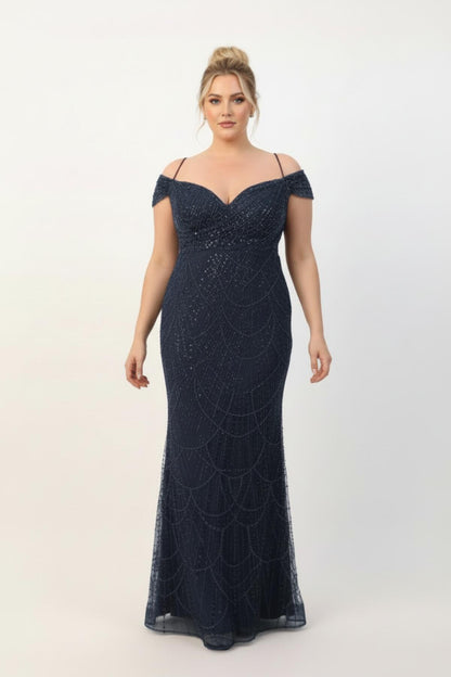 Plus - Size Burgundy Off - The - Shoulder Beaded Gown