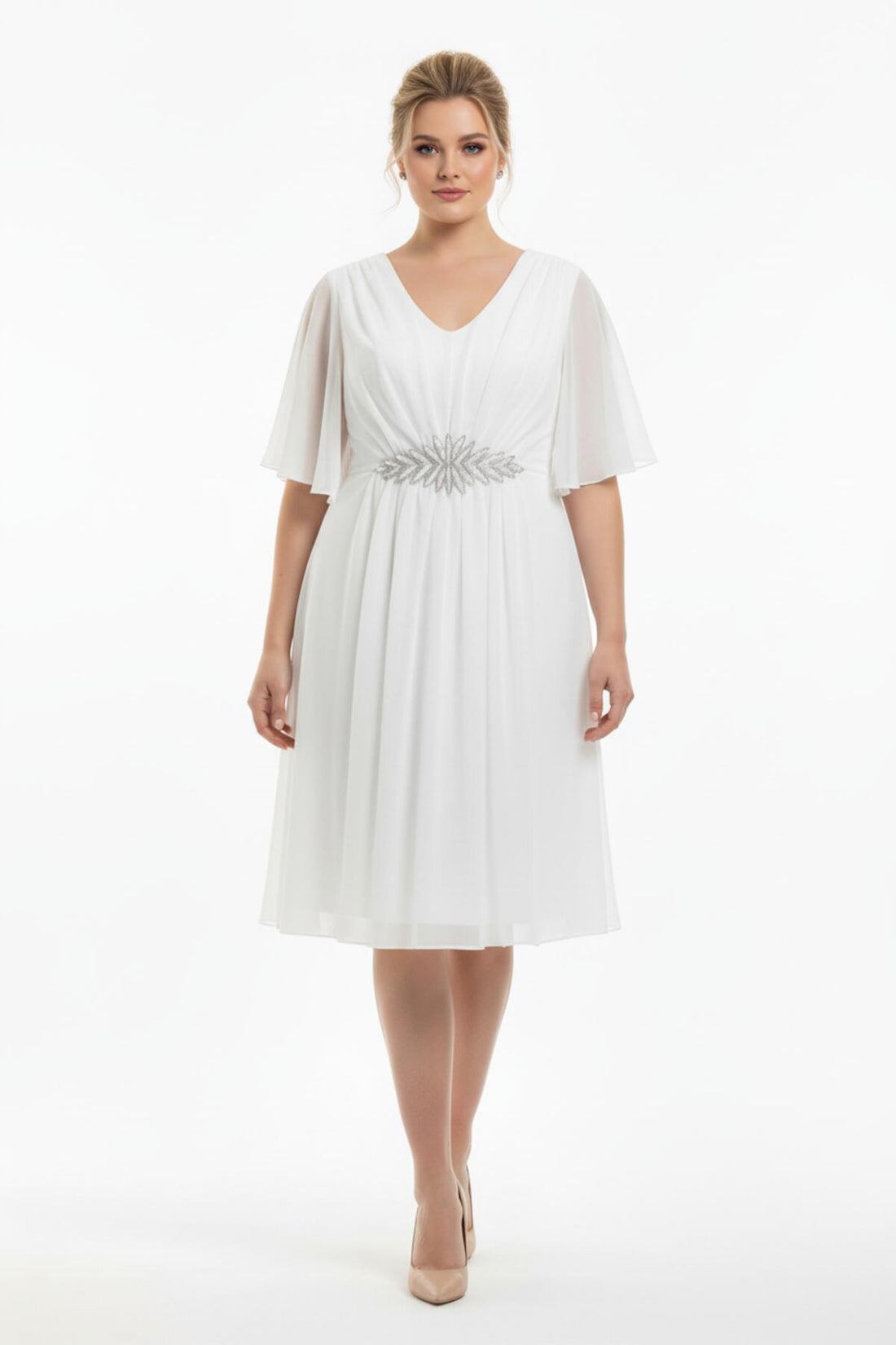 Robe Midi En Tulle Blanc Pailleté, Taille Ornée De Pierres — Grande Taille