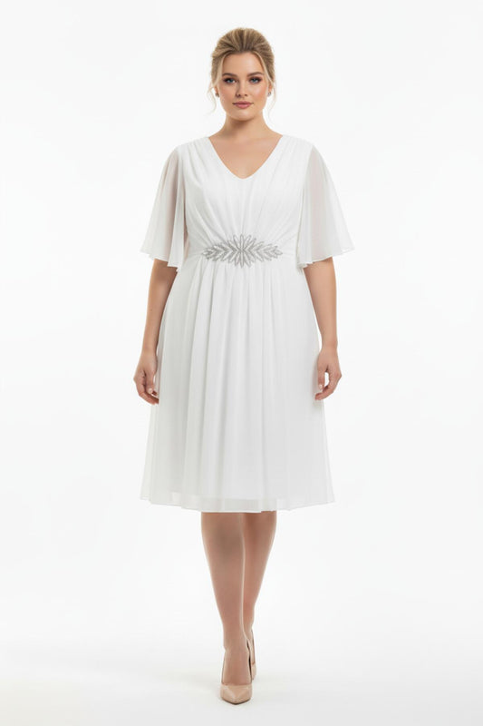 Weißes Midi‑Tüllkleid Mit Glitzernden Lagen Und Steinbesetzter Taille (Große Größen)