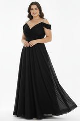 Robe De Soirée Longue Plissée À Bretelles Chaîne — Noir (Grandes Tailles)