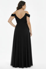 Robe De Soirée Longue Plissée À Bretelles Chaîne — Noir (Grandes Tailles)