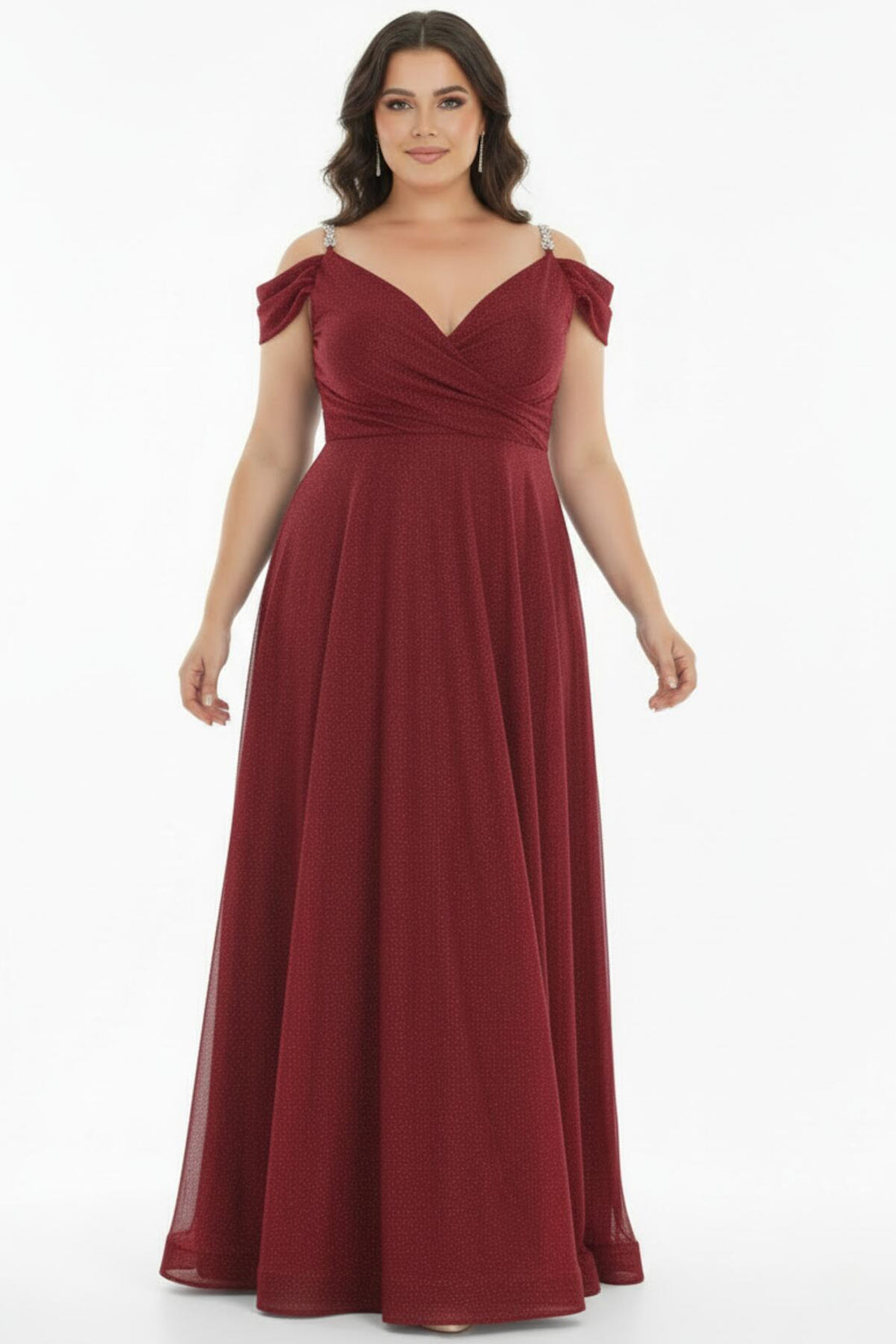 Robe De Soirée Longue Plissée À Bretelles Chaînes — Bordeaux (Grande Taille)