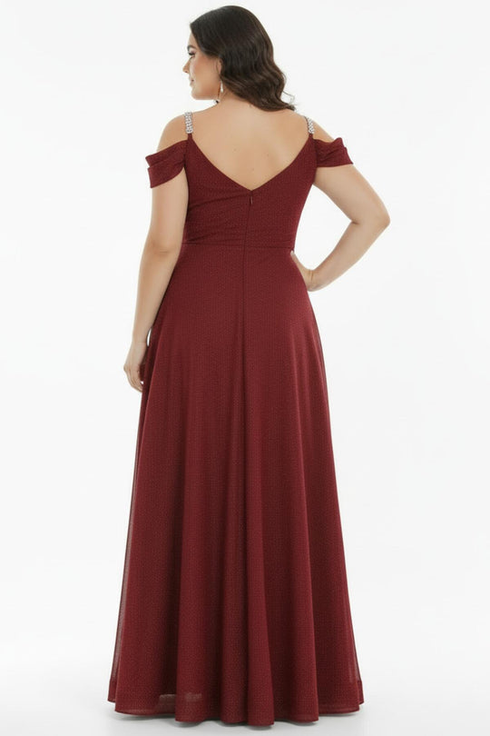 Plissiertes Langes Abendkleid Mit Kettenträgern – Burgunder (Große Größen)