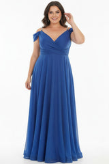 Robe De Soirée Longue Plissée À Bretelles Chaîne — Bleu Roi (Grandes Tailles)
