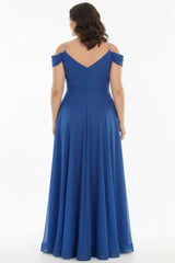Robe De Soirée Longue Plissée À Bretelles Chaîne — Bleu Roi (Grandes Tailles)