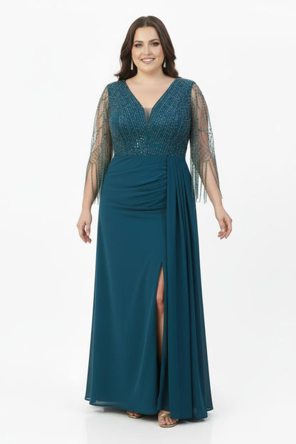 Plussize Indigo Chiffon Avondjurk Met Pailletten - En Kraalborduursel