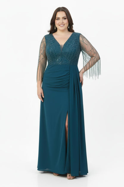 Plussize Indigo Chiffon Avondjurk Met Pailletten - En Kraalborduursel