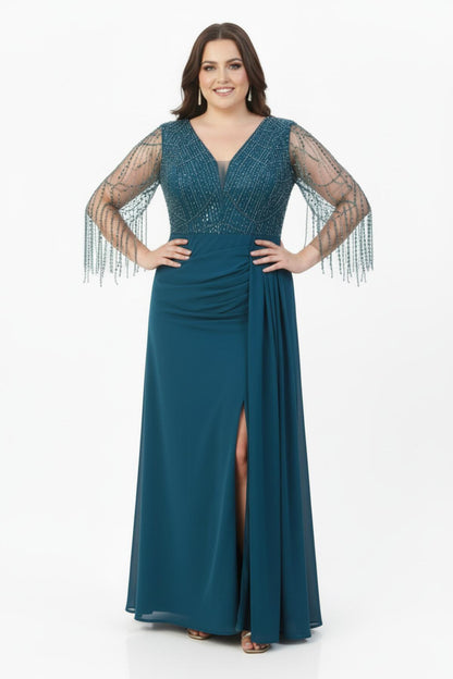 Plussize Indigo Chiffon Avondjurk Met Pailletten - En Kraalborduursel