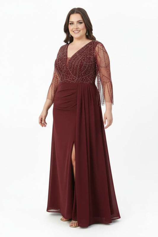 Chiffon - Abendkleid Mit Pailletten - Und Perlenstickerei, Bordeaux – Große Größe