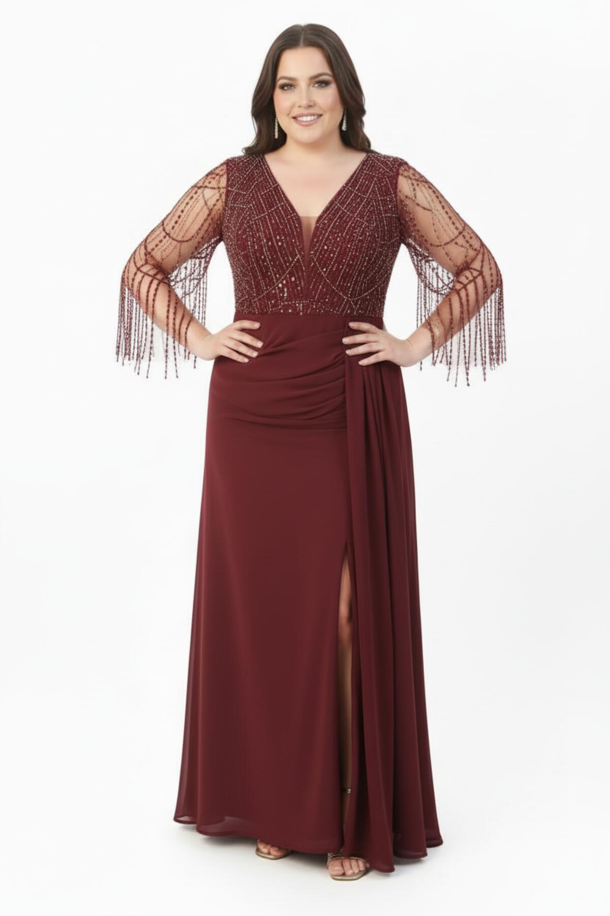 Bordeaux Chiffon Avondjurk Met Pailletten En Kralen — Grote Maten