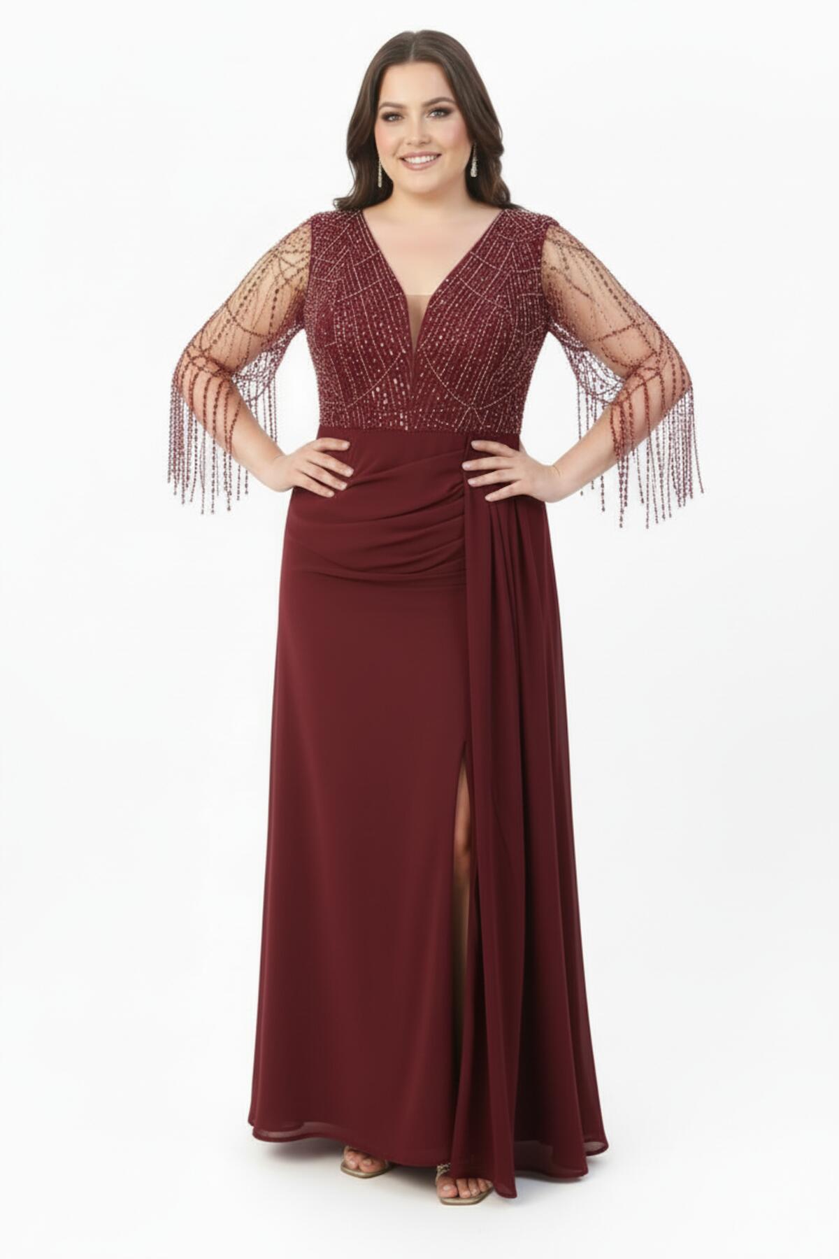 Bordeaux Chiffon Avondjurk Met Pailletten En Kralen — Grote Maten