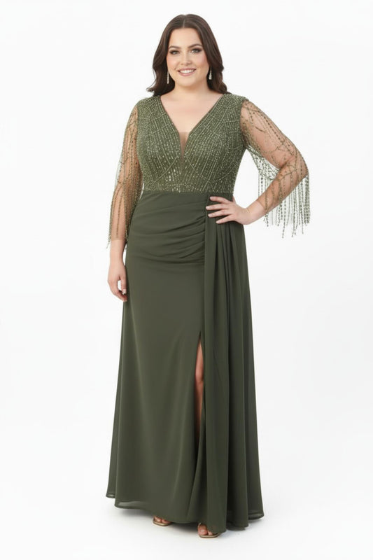 Khaki Chiffon - Kleid In Großen Größen Mit Pailletten - Und Perlenbesatz
