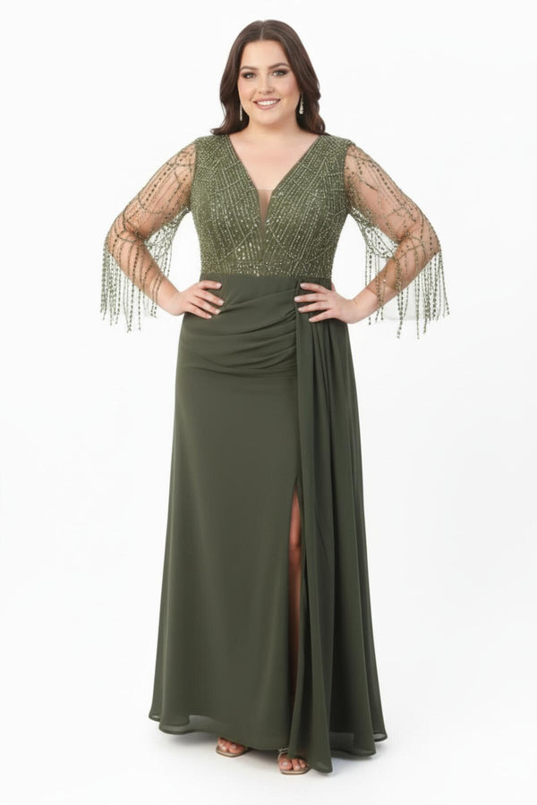 Khaki Chiffon Galajurk In Grote Maat Met Pailletten En Kraaltjes