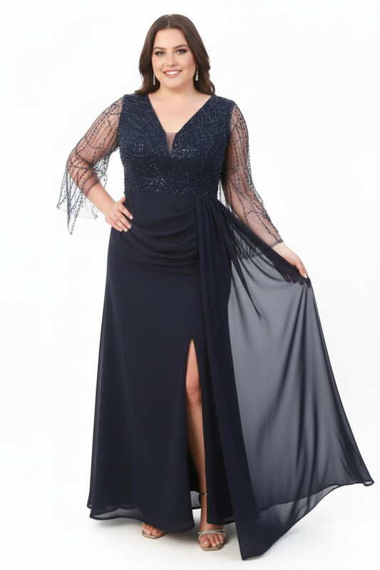 Chiffon - Abendkleid Mit Pailletten - Und Perlenbesatz – Marineblau, Große Größen