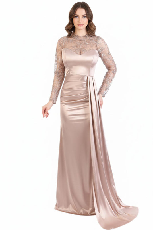 Satin‑Abendkleid Mit Spitzenärmeln – Gelb