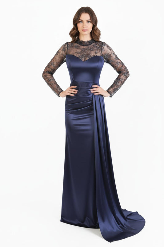 Satin‑Abendkleid Mit Spitzenärmeln – Marineblau