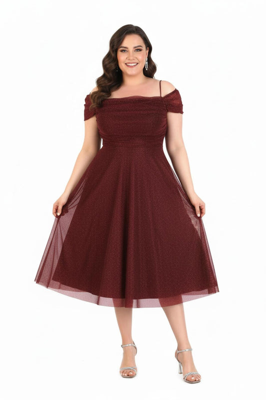 Schulterfreies Midi - Kleid – Große Größen, Bordeaux