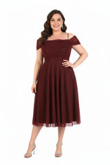 Robe Midi Épaules Dénudées – Grande Taille, Bordeaux