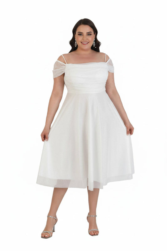 Schulterfreies Midi - Kleid – Große Größen, Weiß