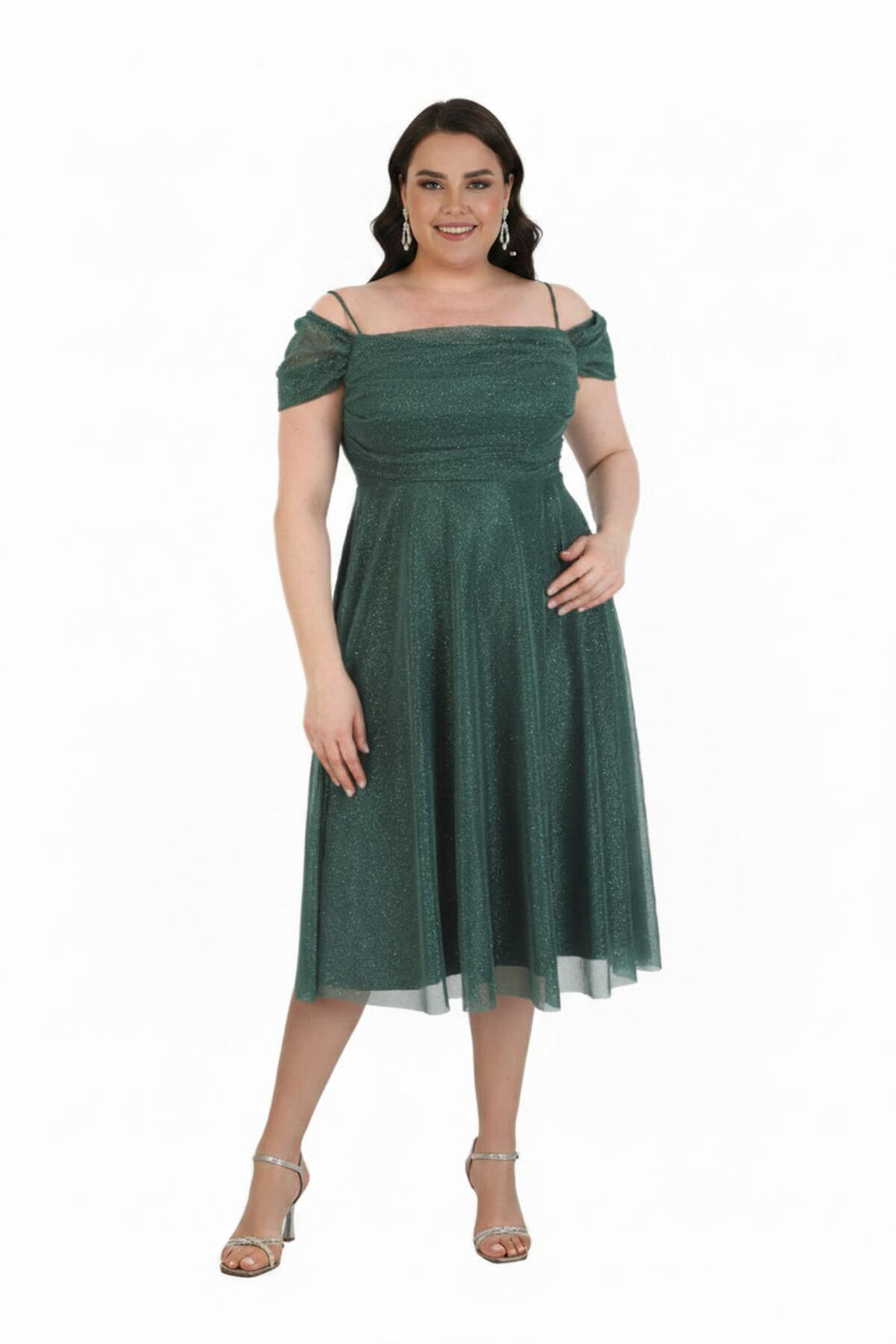 Robe De Soirée Midi Grande Taille, Épaules Dégagées – Vert