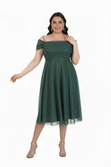 Robe De Soirée Midi Grande Taille, Épaules Dégagées – Vert