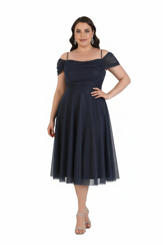 Midikleid In Großen Größen Mit Carmen - Ausschnitt — Marineblau