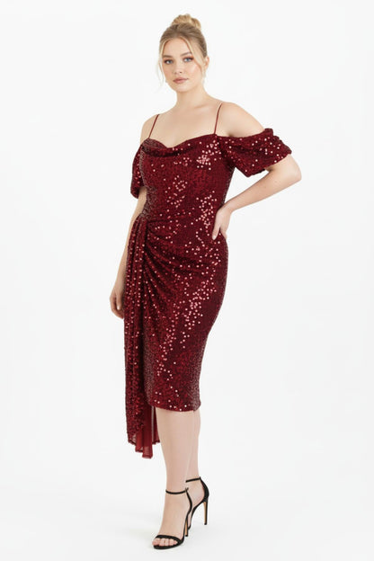 Plus - Size Off - Shoulder Sequin Midi Dress — Red
