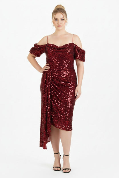 Plus - Size Off - Shoulder Sequin Midi Dress — Red