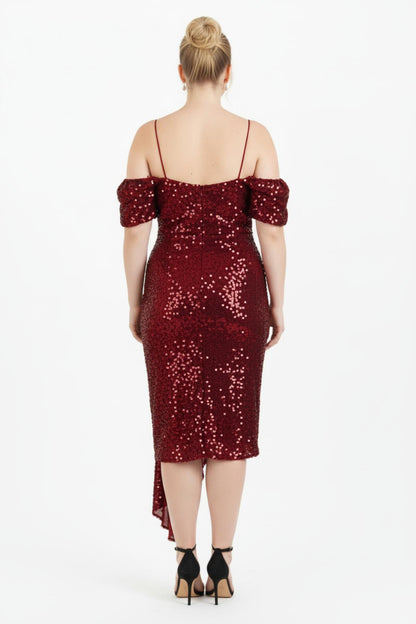 Plus - Size Off - Shoulder Sequin Midi Dress — Red