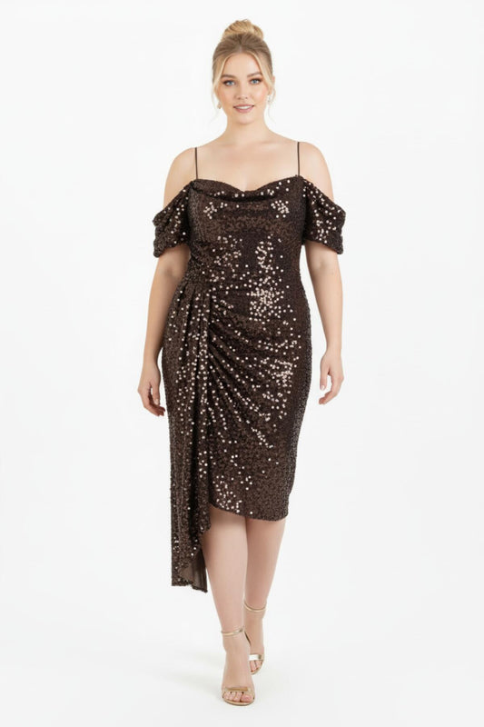 Schulterfreies Pailletten‑Midikleid In Großen Größen — Braun