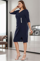 Robe De Soirée Midi Grande Taille Avec Accessoire À La Taille — Bleu Marine