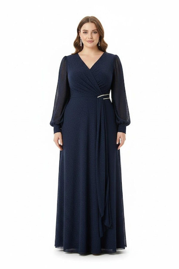 Robe De Soirée Grande Taille En Chiffon Avec Détail À La Taille, Bleu Marine