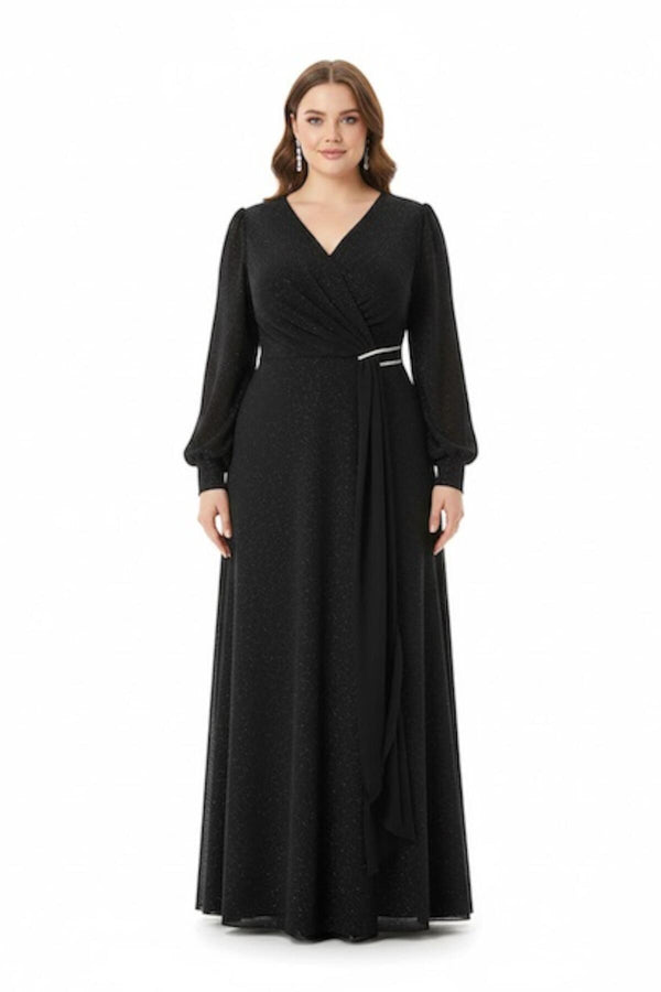 Robe De Soirée Grande Taille En Chiffon Superposé Avec Détail À La Taille — Noir