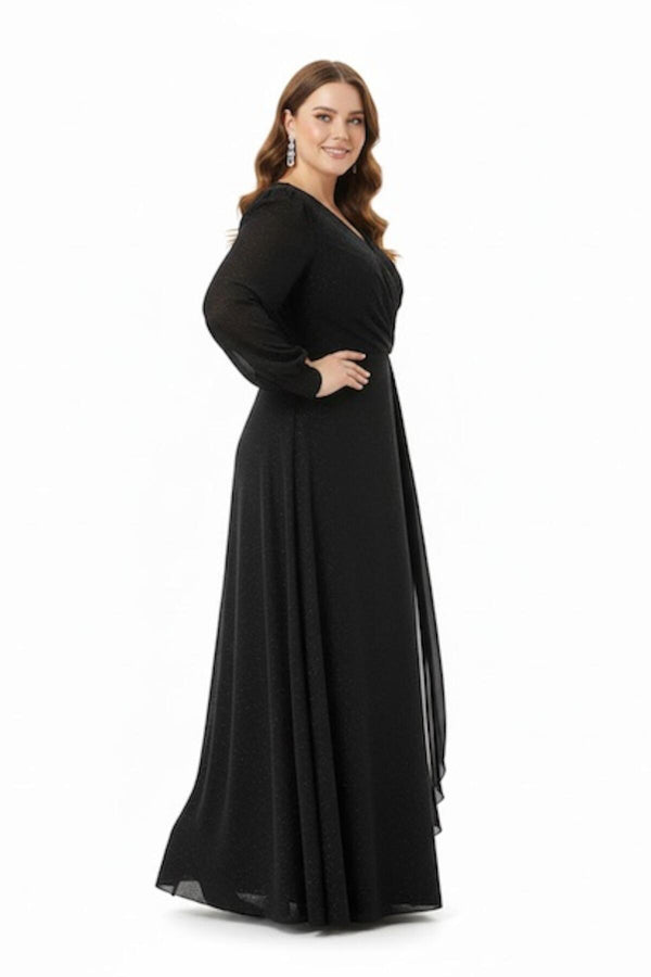 Robe De Soirée Grande Taille En Chiffon Superposé Avec Détail À La Taille — Noir