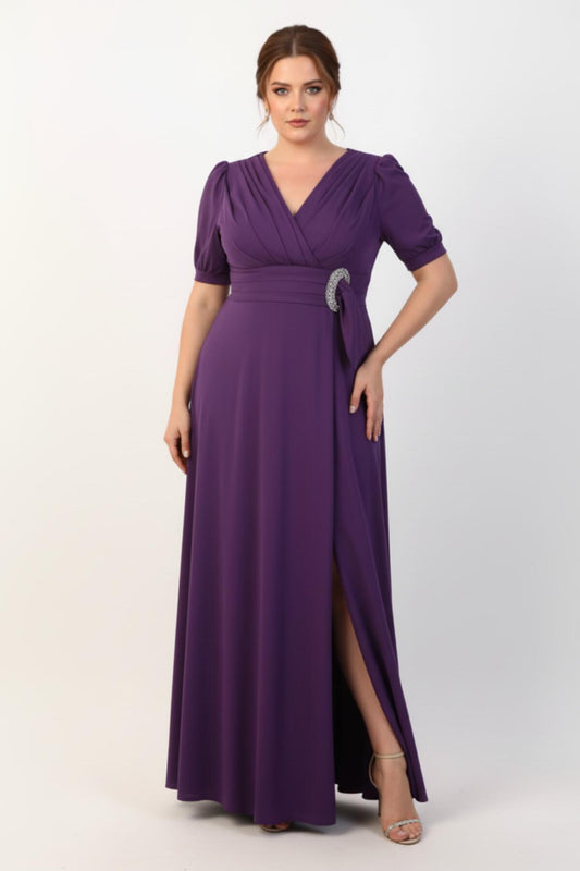 Langes Abendkleid Mit Taillenschnalle Und Ellenbogenärmeln — Große Größen, Lila