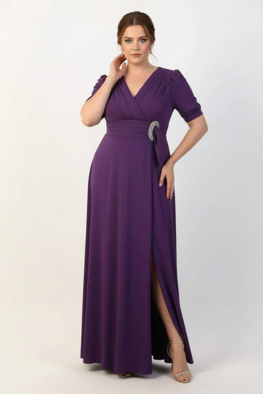 Plus - Size Lange Avondjurk Met Taillegesp En Ellebooglange Mouwen — Paars