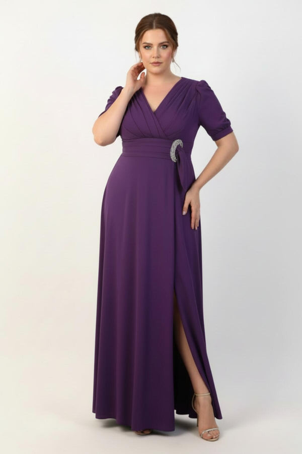 Langes Abendkleid Mit Taillenschnalle Und Ellenbogenärmeln — Große Größen, Lila