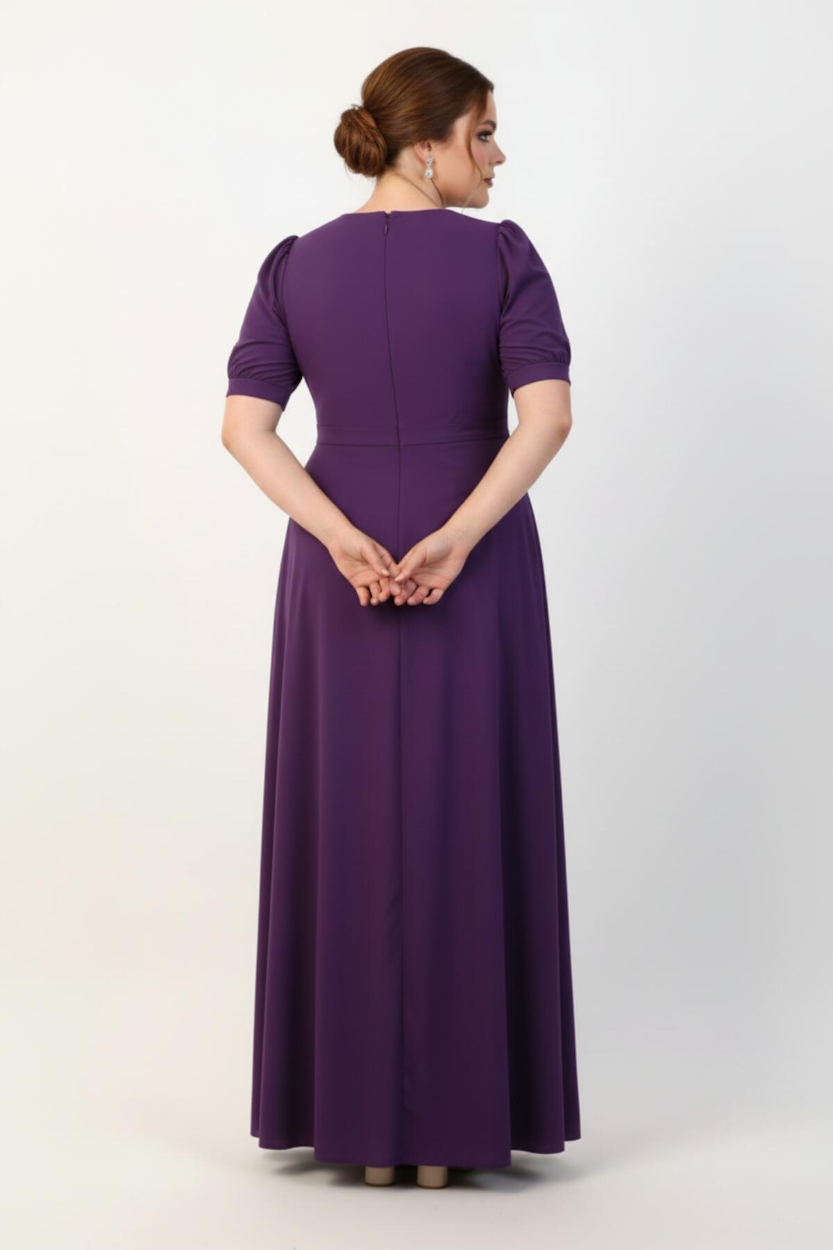 Langes Abendkleid Mit Taillenschnalle Und Ellenbogenärmeln — Große Größen, Lila