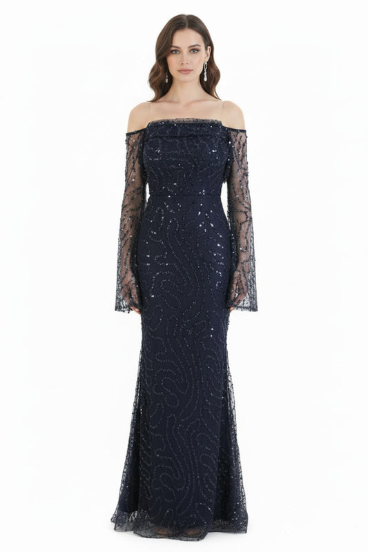 Schulterfreies Abendkleid Mit Perlendetails — Marineblau