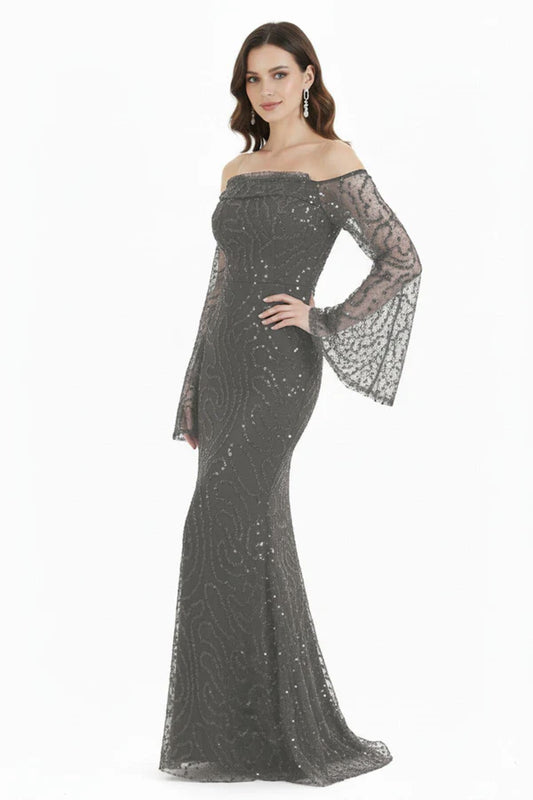 Schulterfreies Abendkleid Mit Perlendetails — Grau