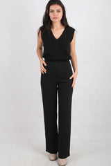 Pantalon Large Noir Orné De Petits Strass Argentés