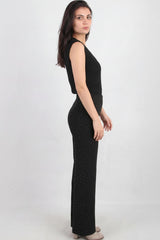 Pantalon Large Noir Orné De Petits Strass Argentés