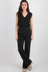 Pantalon Large Noir Orné De Petits Strass Argentés