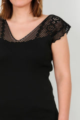 Top En Maille À Épaules Effet Dentelle — Noir