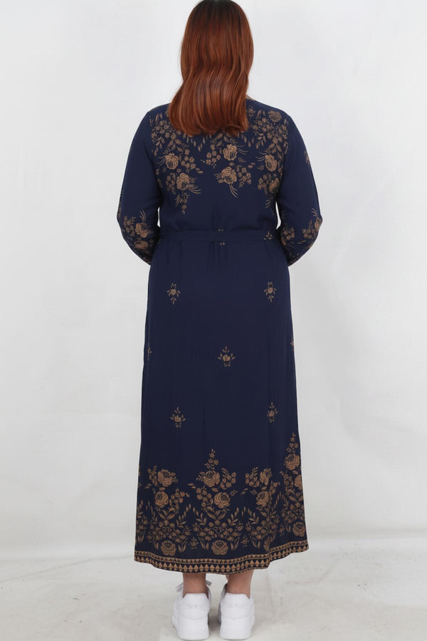Plus‑Size Woven Dress With Botanical Pattern — Navy