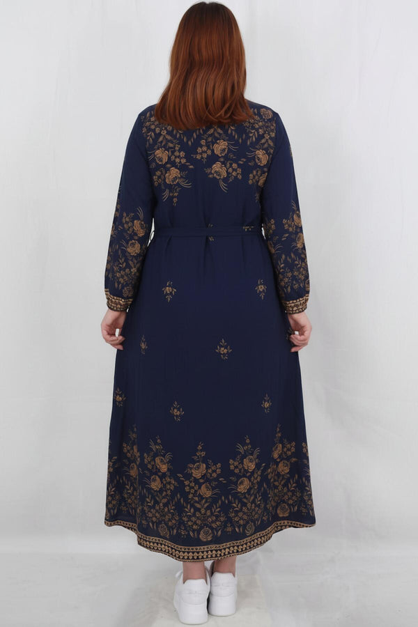 Plus‑Size Woven Dress With Botanical Pattern — Navy