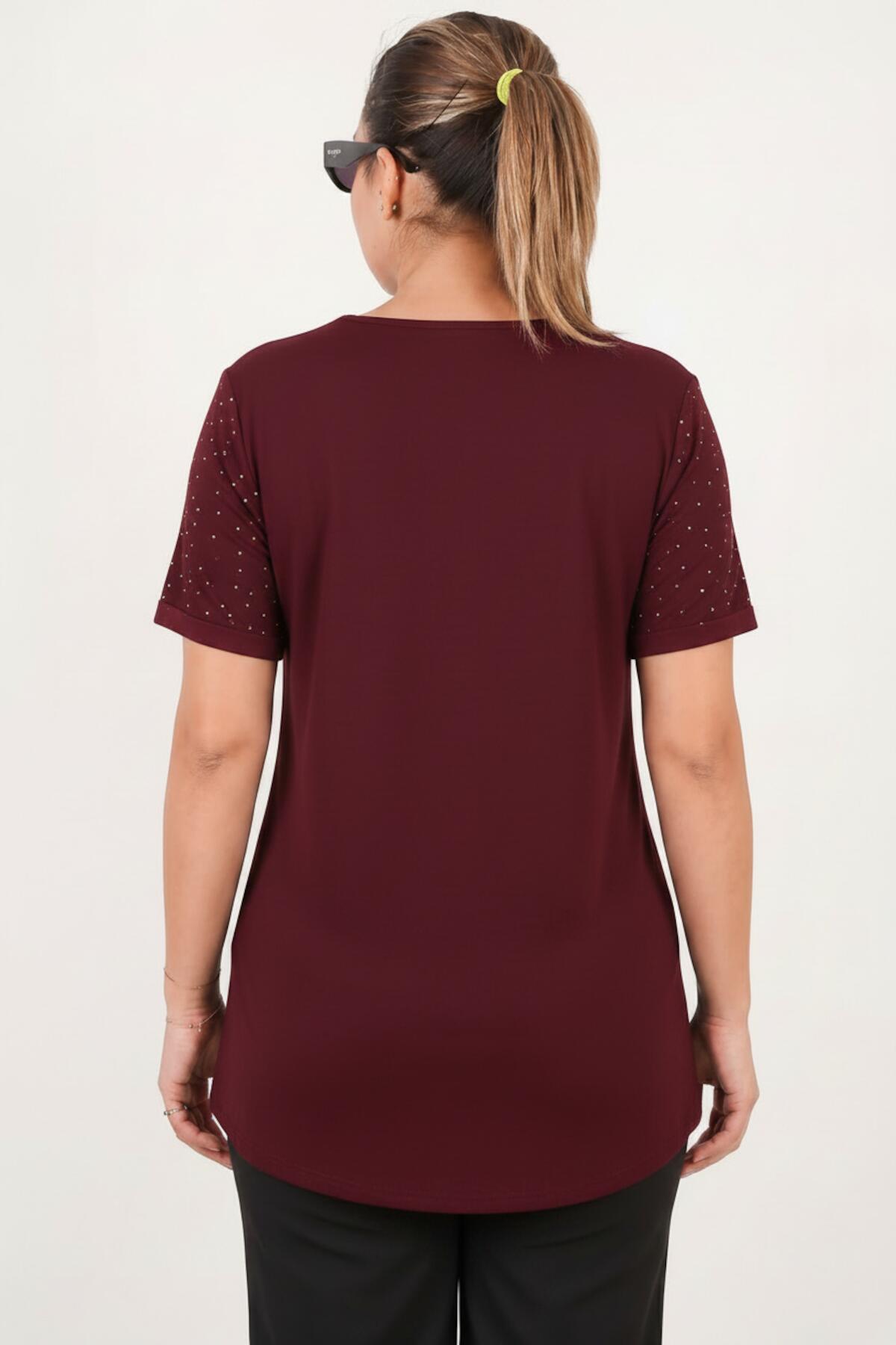 Blouse Met Boothals En Steentjes — Bordeaux (Grote Maten)